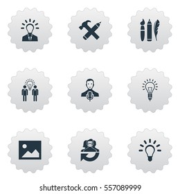 Set Of 9 Simple Visual Art Icons. Can Be Found Such Elements As Design Instruments, Lightbulb, Business Discussion And Other.