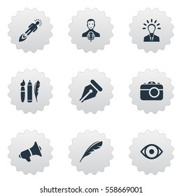 Set Of 9 Simple Visual Art Icons. Can Be Found Such Elements As Bullhorn, View, Entrepreneur And Other.