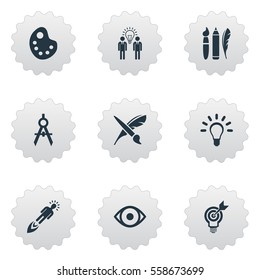 Set Of 9 Simple Visual Art Icons. Can Be Found Such Elements As Dividers, Project Aim, Brush And Other.