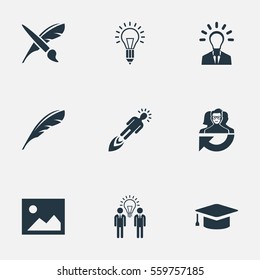 Set Of 9 Simple Visual Art Icons. Can Be Found Such Elements As Leadership, Business Discussion, Leader And Other.