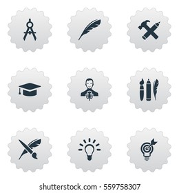 Set Of 9 Simple Visual Art Icons. Can Be Found Such Elements As Design Instruments, Dividers, Academic Cap And Other.