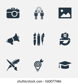 Set Of 9 Simple Visual Art Icons. Can Be Found Such Elements As Leadership, Academic Cap, Business Discussion And Other.