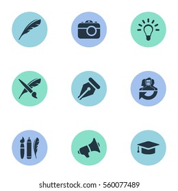 Set Of 9 Simple Visual Art Icons. Can Be Found Such Elements As Bullhorn, Brush, Photo Tool And Other.