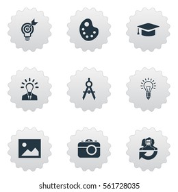 Set Of 9 Simple Visual Art Icons. Can Be Found Such Elements As Leader, Drawing Tool, Project Aim And Other.