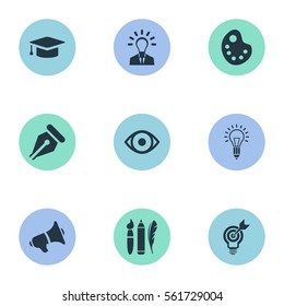 Set Of 9 Simple Visual Art Icons. Can Be Found Such Elements As Writing Tool, Project Aim, Drawing Tool And Other.