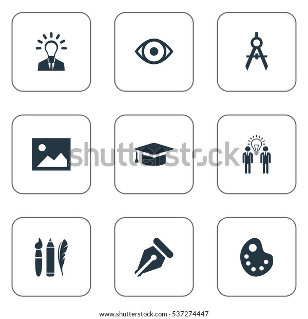 Set Of 9\
Simple Visual Art Icons. Can Be Found Such Elements As Dividers,\
Design Instruments, Leader And\
Other.