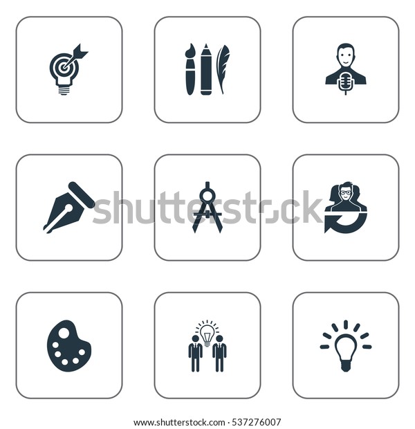 Set Of 9 Simple\
Visual Art Icons. Can Be Found Such Elements As Project Aim,\
Dividers, Lightbulb And\
Other.