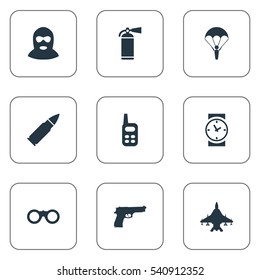 Set Of 9 Simple War Icons. Can Be Found Such Elements As Sky Force, Terrorist, Ammunition And Other.