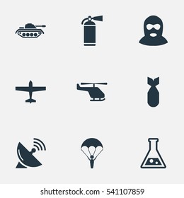 Set Of 9 Simple War Icons. Can Be Found Such Elements As Air Bomber, Helicopter, Extinguisher And Other.