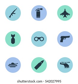 Set Of 9 Simple War Icons. Can Be Found Such Elements As Kalashnikov, Sky Force, Heavy Weapon And Other.