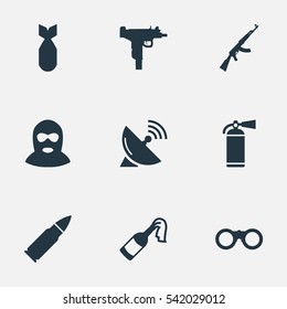 Set Of 9 Simple War Icons. Can Be Found Such Elements As Firearm, Terrorist, Kalashnikov And Other.