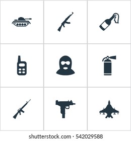 Set Of 9 Simple War Icons. Can Be Found Such Elements As Kalashnikov, Molotov, Firearm And Other.