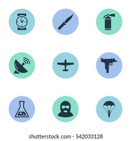 Set Of 9 Simple War Icons. Can Be Found Such Elements As Terrorist, Chemistry, Cold Weapon And Other.
