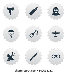 Set Of 9 Simple War Icons. Can Be Found Such Elements As Firearm, Molotov, Signal Receiver And Other.