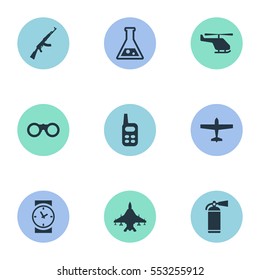 Set Of 9 Simple War Icons. Can Be Found Such Elements As Kalashnikov, Walkies, Air Bomber And Other.