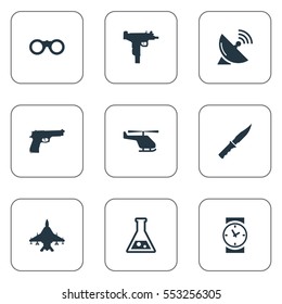 Set Of 9 Simple War Icons. Can Be Found Such Elements As Pistol, Watch, Helicopter And Other.