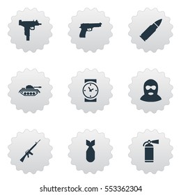 Set Of 9 Simple War Icons. Can Be Found Such Elements As Pistol, Nuke, Rifle Gun And Other.