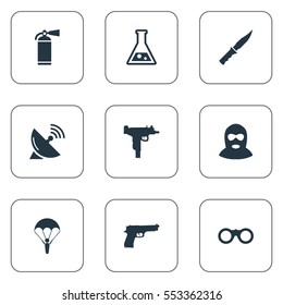 Set Of 9 Simple War Icons. Can Be Found Such Elements As Field Glasses, Extinguisher, Signal Receiver And Other.