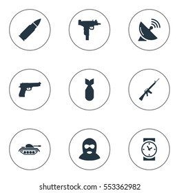 Set Of 9 Simple War Icons. Can Be Found Such Elements As Ammunition, Watch, Pistol And Other.
