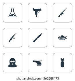 Set Of 9 Simple War Icons. Can Be Found Such Elements As Helicopter, Rifle Gun, Kalashnikov And Other.