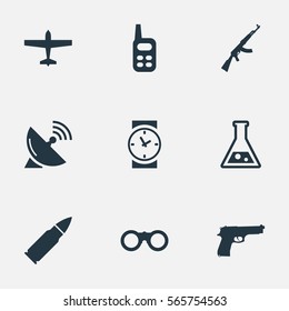 Set Of 9 Simple War Icons. Can Be Found Such Elements As Signal Receiver, Air Bomber, Chemistry And Other.