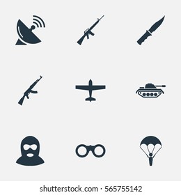 Set Of 9 Simple War Icons. Can Be Found Such Elements As Paratrooper, Heavy Weapon, Kalashnikov And Other.