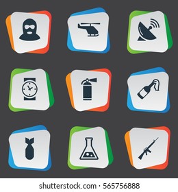 Set Of 9 Simple War Icons. Can Be Found Such Elements As Rifle Gun, Watch, Helicopter And Other.