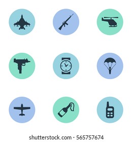 Set Of 9 Simple War Icons. Can Be Found Such Elements As Helicopter, Paratrooper, Air Bomber And Other.