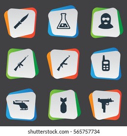 Set Of 9 Simple War Icons. Can Be Found Such Elements As Chemistry, Cold Weapon, Rifle Gun And Other.