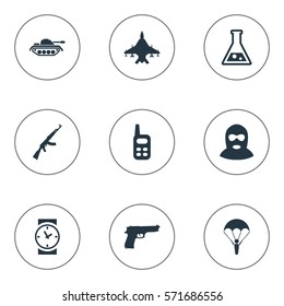 Set Of 9 Simple War Icons. Can Be Found Such Elements As Terrorist, Chemistry, Watch And Other.