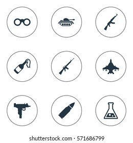 Set Of 9 Simple War Icons. Can Be Found Such Elements As Kalashnikov, Chemistry, Heavy Weapon And Other.