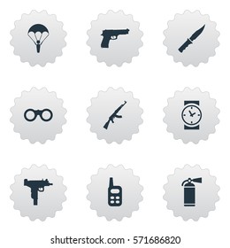 Set Of 9 Simple War Icons. Can Be Found Such Elements As Watch, Extinguisher, Walkies And Other.