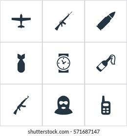 Set Of 9 Simple War Icons. Can Be Found Such Elements As Rifle Gun, Molotov, Nuke And Other.