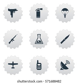 Set Of 9 Simple War Icons. Can Be Found Such Elements As Chemistry, Air Bomber, Extinguisher And Other.