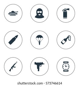 Set Of 9 Simple War Icons. Can Be Found Such Elements As Terrorist, Ammunition, Firearm And Other.