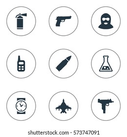 Set Of 9 Simple War Icons. Can Be Found Such Elements As Watch, Firearm, Chemistry And Other.
