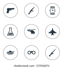 Set Of 9 Simple War Icons. Can Be Found Such Elements As Rifle Gun, Field Glasses, Sky Force And Other.