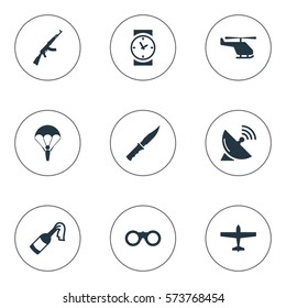 Set Of 9 Simple War Icons. Can Be Found Such Elements As Cold Weapon, Molotov, Paratrooper And Other.