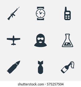 Set Of 9 Simple War Icons. Can Be Found Such Elements As Nuke, Chemistry, Rifle Gun And Other.