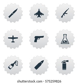Set Of 9 Simple War Icons. Can Be Found Such Elements As Kalashnikov, Chemistry, Molotov And Other.