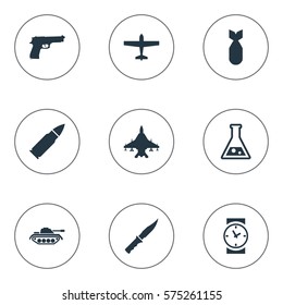 Set Of 9 Simple War Icons. Can Be Found Such Elements As Cold Weapon, Air Bomber, Watch And Other.