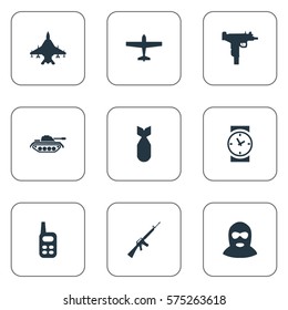 Set Of 9 Simple War Icons. Can Be Found Such Elements As Sky Force, Air Bomber, Watch And Other.