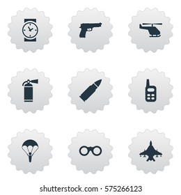 Set Of 9 Simple War Icons. Can Be Found Such Elements As Field Glasses, Watch, Pistol And Other.