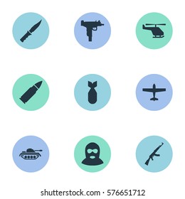 Set Of 9 Simple War Icons. Can Be Found Such Elements As Ammunition, Air Bomber, Heavy Weapon And Other.