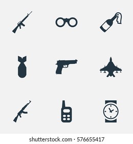 Set Of 9 Simple War Icons. Can Be Found Such Elements As Walkies, Field Glasses, Sky Force And Other.