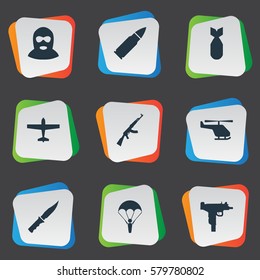 Set Of 9 Simple War Icons. Can Be Found Such Elements As Paratrooper, Kalashnikov, Helicopter And Other.