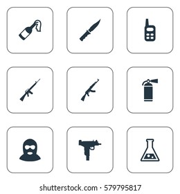 Set Of 9 Simple War Icons. Can Be Found Such Elements As Cold Weapon, Extinguisher, Kalashnikov And Other.