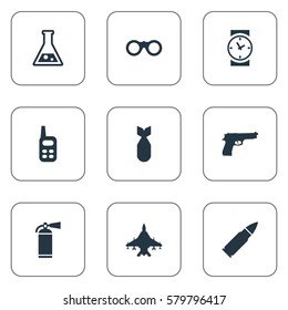 Set Of 9 Simple War Icons. Can Be Found Such Elements As Field Glasses, Pistol, Sky Force And Other.
