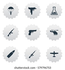 Set Of 9 Simple War Icons. Can Be Found Such Elements As Air Bomber, Firearm, Pistol And Other.