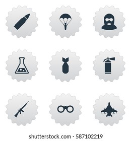 Set Of 9 Simple War Icons. Can Be Found Such Elements As Paratrooper, Field Glasses, Terrorist And Other.